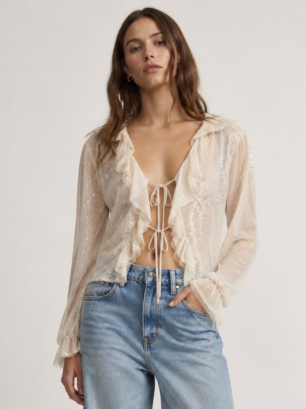 En Saison Ivory Sequin Tulle Tie Front Ruffle Top Size M Coquette Party